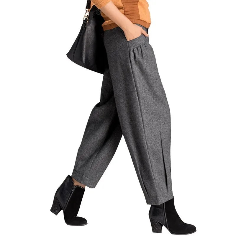 WQJGR шерстяные брюки осенние и зимние широкие брюки с высокой талией шаровары девять частей брюки женские - Цвет: Gray
