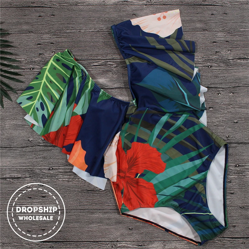 

2018 Deep V Women One Piece Swimsuit Tropical Flower Print Flounce Monikini for Swimming Summer Beach Sexy Push up Swimwear