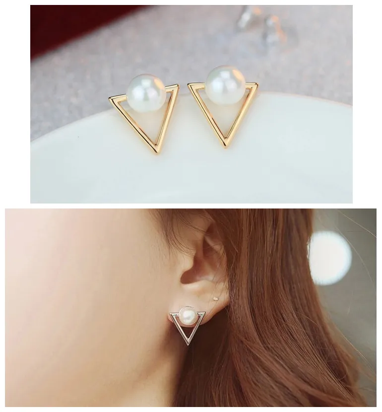 ER035 Hot fashion earrings jewelry personality triangle Imitation pearls stud earrings for women jewelry Bijoux