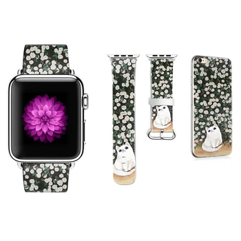 

2018 New Cat Pattern DIY Genuine Leather Band for Apple Watch 38mm 42mm for Iwatch Series 1 2 3 Watchband Gift for IPhone Case