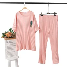 Плюс Размеры Для женщин Летние пижамы комплекты хлопок короткий рукав Топ+ длинные штаны Повседневное домашний костюм с надписью комплекты одежды для сна