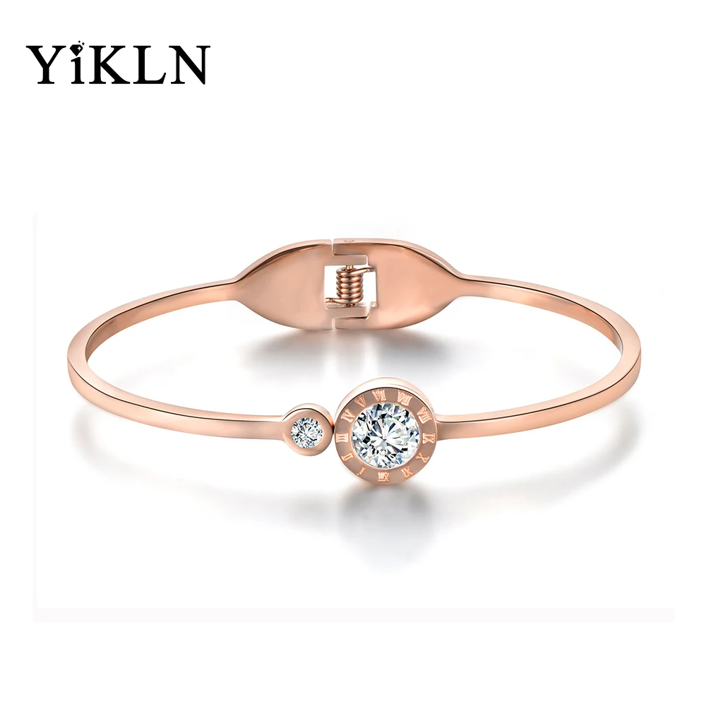 

YiKLN Titanium Steel Roman Numerals Cuff Bracelets & Bangles Luxury Cubic Zirconia Wedding Bangle Jewelry For Women YB18028
