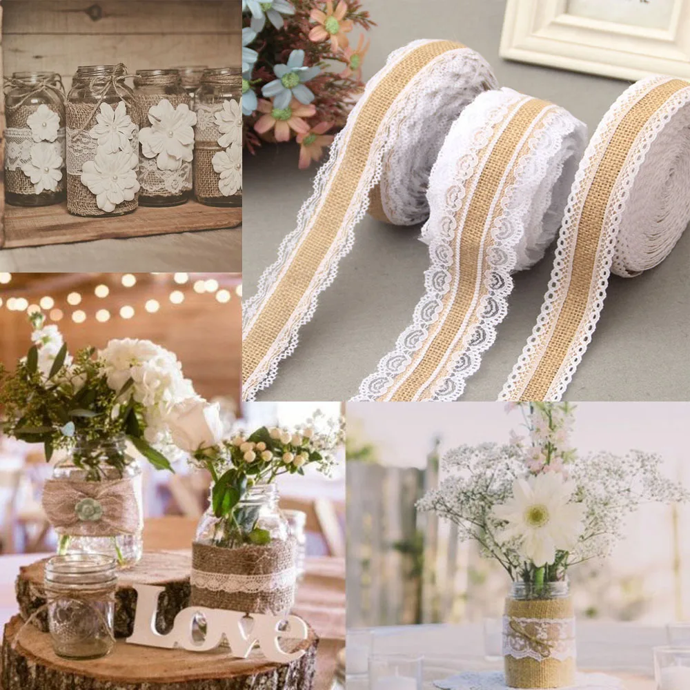 

1Meter/Pcs Width 2.5-6cm Jute Burlap Rolls Hessian Ribbon with Lace Vintage Rustic Wedding Decoration Ornament Burlap Wedding