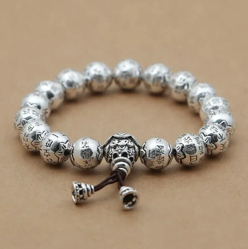 

Pure Silver Sterling 925 Silver Retro Buddhist Silver Beads Charm Bracelets Religious Buddha Meditation S925 Jewelry (FGL)