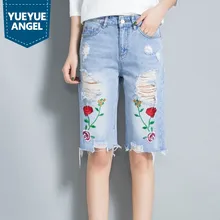 Джинсы женские летние новые модные повседневные до колена-"рваные" джинсы брюки рваные Вышивка Цветочные джинсовые брюки женские большие размеры