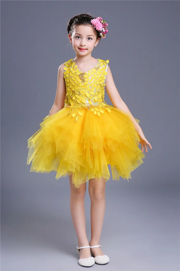 Модное летнее платье для девочек, расшитое блестками, без рукавов, красного, желтого цвета, с цветочной аппликацией, короткое платье с воздушным шаром, платье для девочек, костюм для детей
