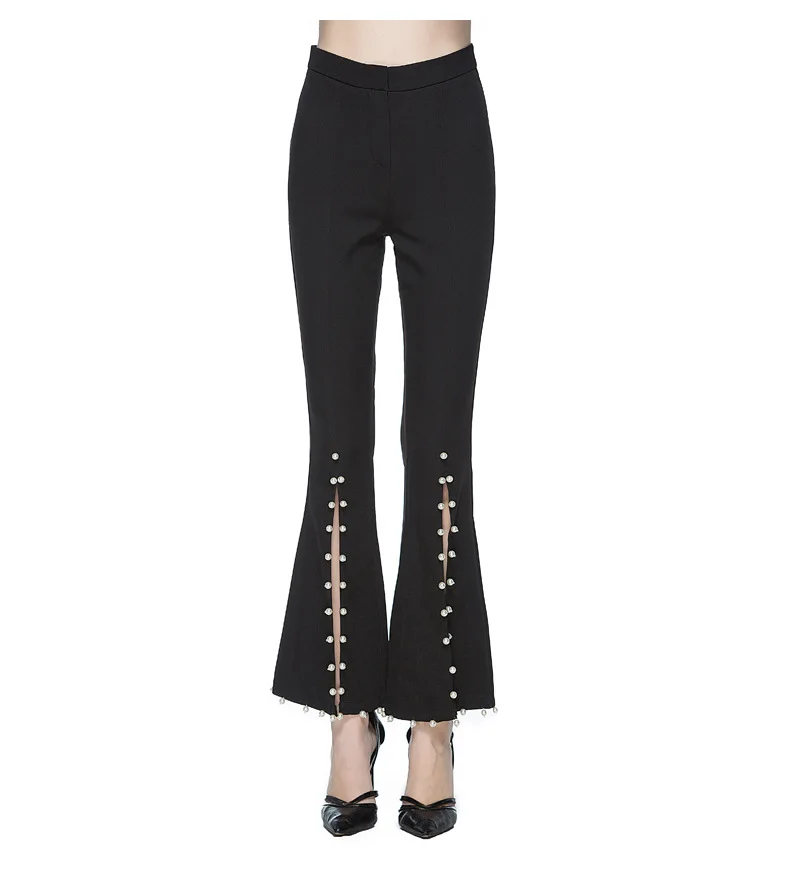 Luoanyfash 2017 New Button High Waist Pearl Open Fork Pants Woman Ultra-Wide-Leg Trousers Black Bell-Bottom Full Length Trousers