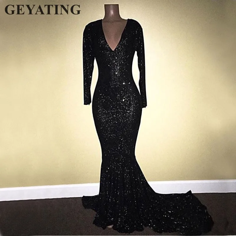

Black Sequined Mermaid African Prom Dresses Long Sleeves 2019 Sexy V Neck Vestido De Festa Black Girls Long Evening Party Gowns