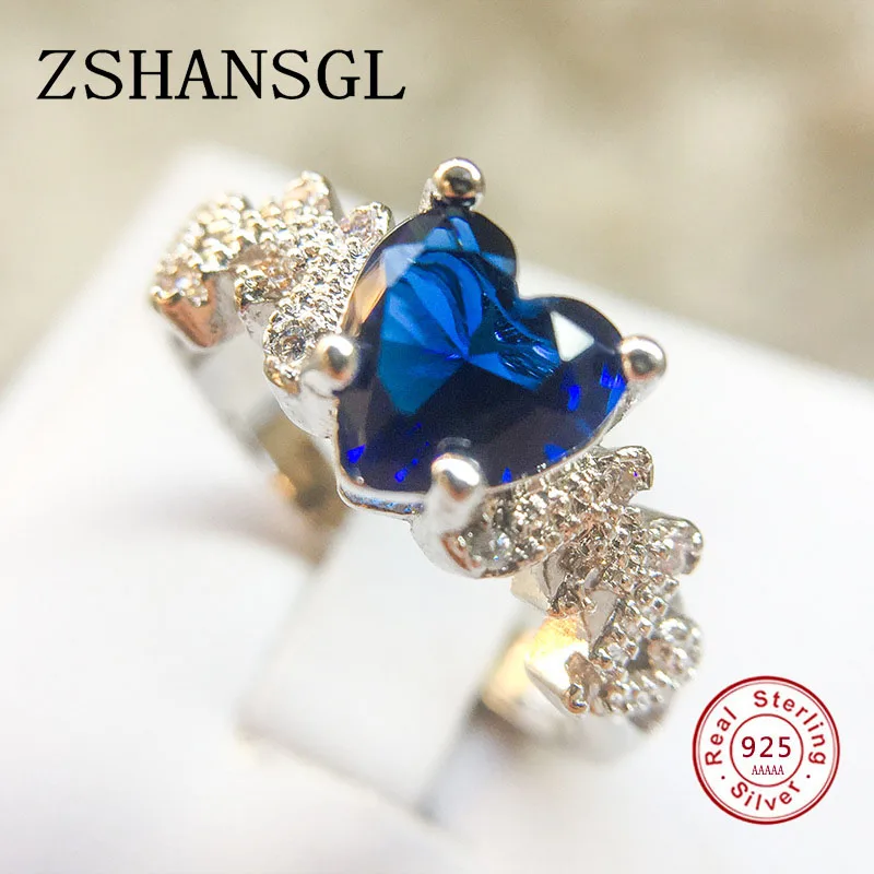 

New 2 Color Authentic 100% 925 Sterling Silver Ring Blue/Green Love Heart Romantic Finger Ring for Women Wedding Gift For Mother