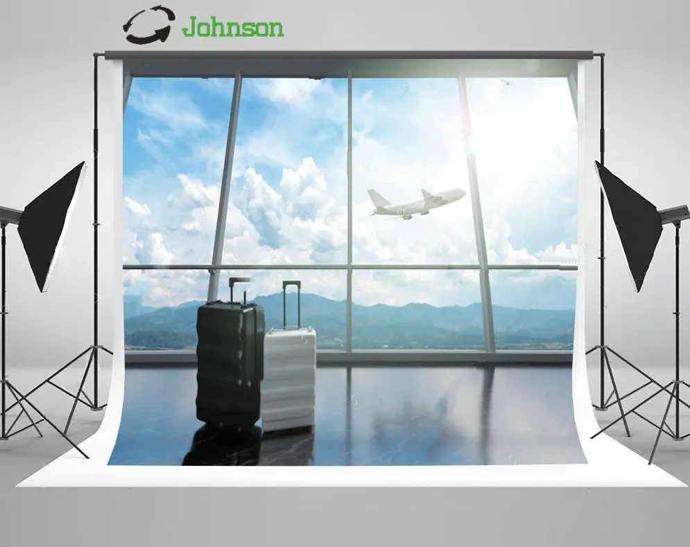 

Traveler Suitcase Luggage Airport Airplane Flying Sky Clouds backdrop polyester or Vinyl cloth Computer print wall background