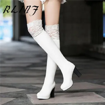 

RLINF New Sexy Lace Over The Knee Round Head with High Heel Knight Waterproof Platform Women's Boots