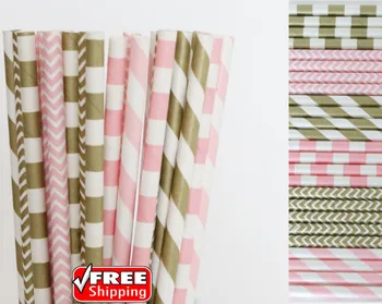 

150pcs Mixed 6 Designs Light Pink and Metallic Gold Themed Paper Straws-Chevron,Striped,Sailor Stripe Baby Shower Wedding Party