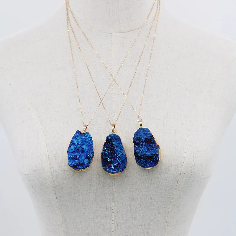 Мода нерегулярный натуральный камень синий белый кварц кристалл кулон ожерелье s цепь ожерелье ювелирные изделия - Окраска металла: 05