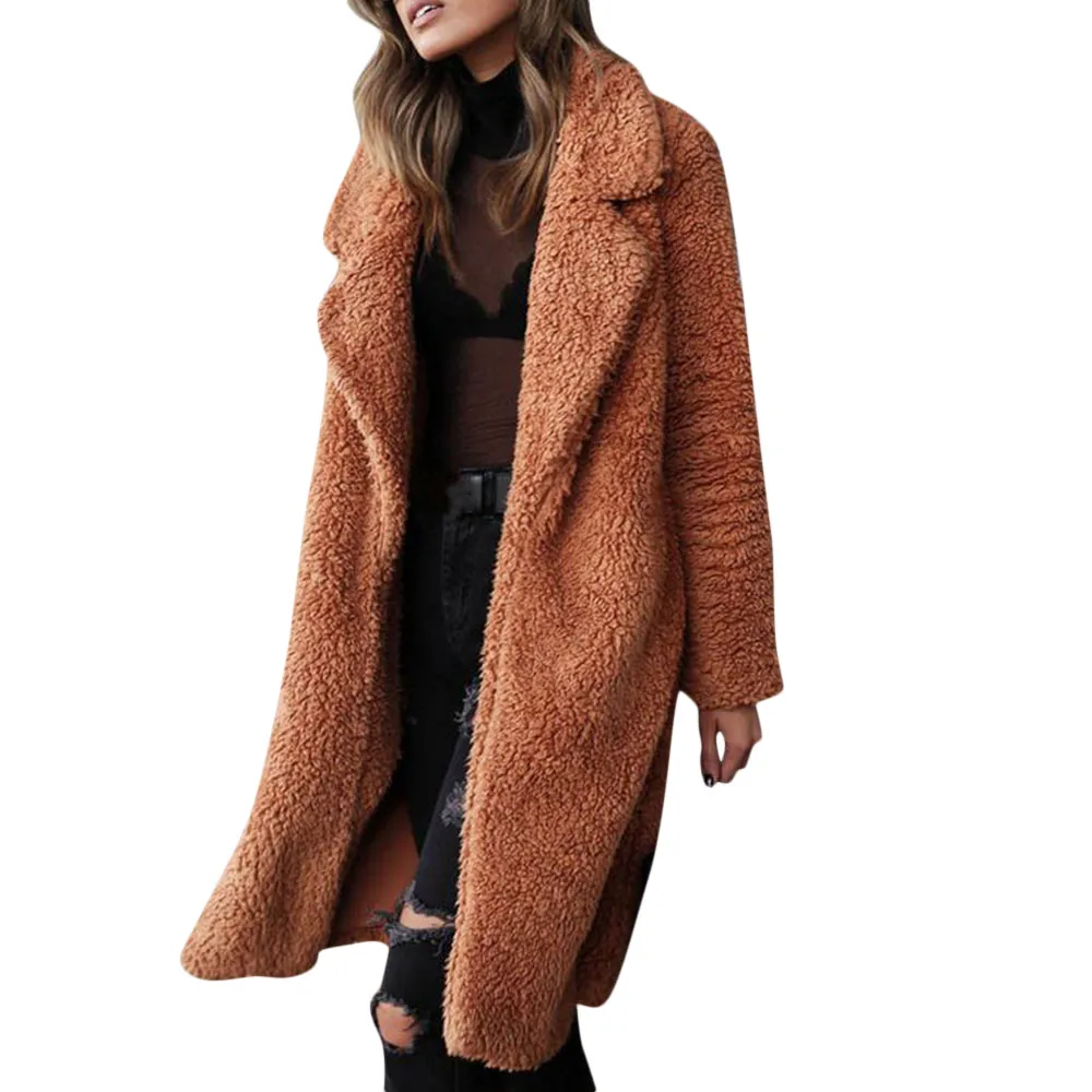 Зимнее модное женское пальто с длинным рукавом и открытой передней частью, теплая Длинная Верхняя одежда размера плюс, женский шерстяной кардиган, однотонное меховое пальто для
