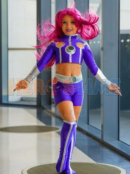 Дети Starfire костюмы косплей супергероя зентай облегающий костюм на Хэллоуин для