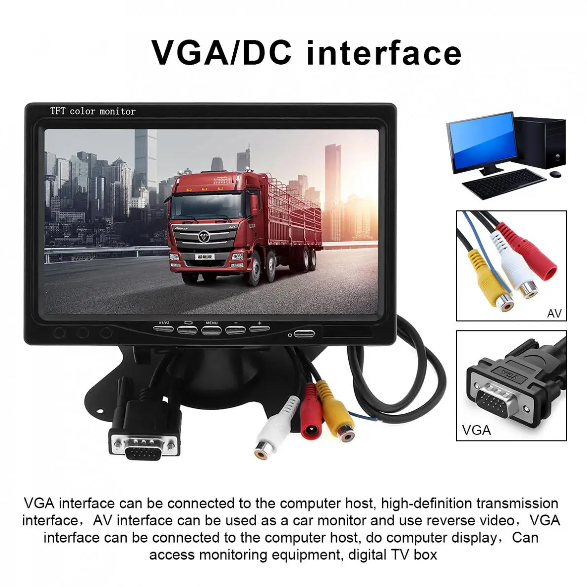 7 Inch 1024x600 12V HD TFT LCD Car VGA Home Monitor Bright Color VGA