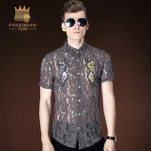 FANZHUAN новая модная кружевная Повседневная рубашка с короткими рукавами с вышивкой дышащая открытая тонкая мужская рубашка Азиатский Размер M-5XL