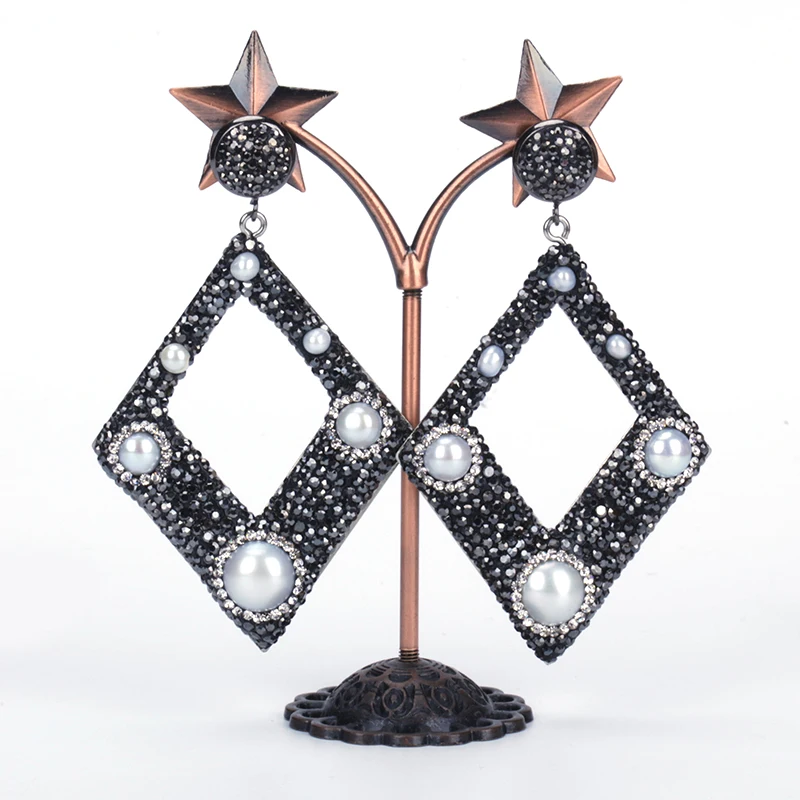 

dankaishi Luxury Style Full Rhinestone Pearl Accessories Drop Earrings Square Shape Big Earrings for Women Brincos Boho Style