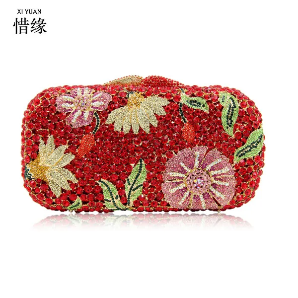 Luxury pink diamond flower rhinestone bag red crystal vintage evening