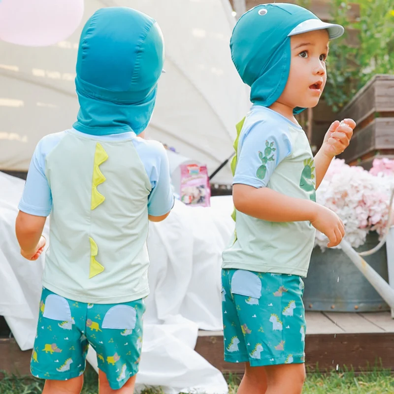 Купальный костюм для мальчиков с принтом динозавра, детский купальный костюм из 3 предметов, купальный костюм для малышей UPF50+ детский купальный костюм с защитой от УФ-лучей, пляжная одежда