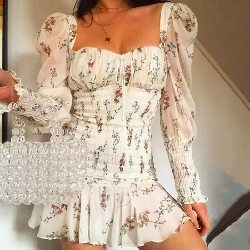 

PFFLOOK Sexy Chiffon Summer Dress Women Chic Floral Print Dress Lady Puff Sleeve Elastic Ruffle Mini Dress Beach Vestidos