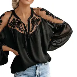 Сексуальная кружевная сетчатая рубашка с вышивкой в стиле пэчворк, женские повседневные топы с длинными рукавами, шифоновая блуза для