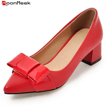 

MoonMeek new fashion pointed toe pumps women shoes with butterfly knot high heels square heel shallow slip on ladies shoes