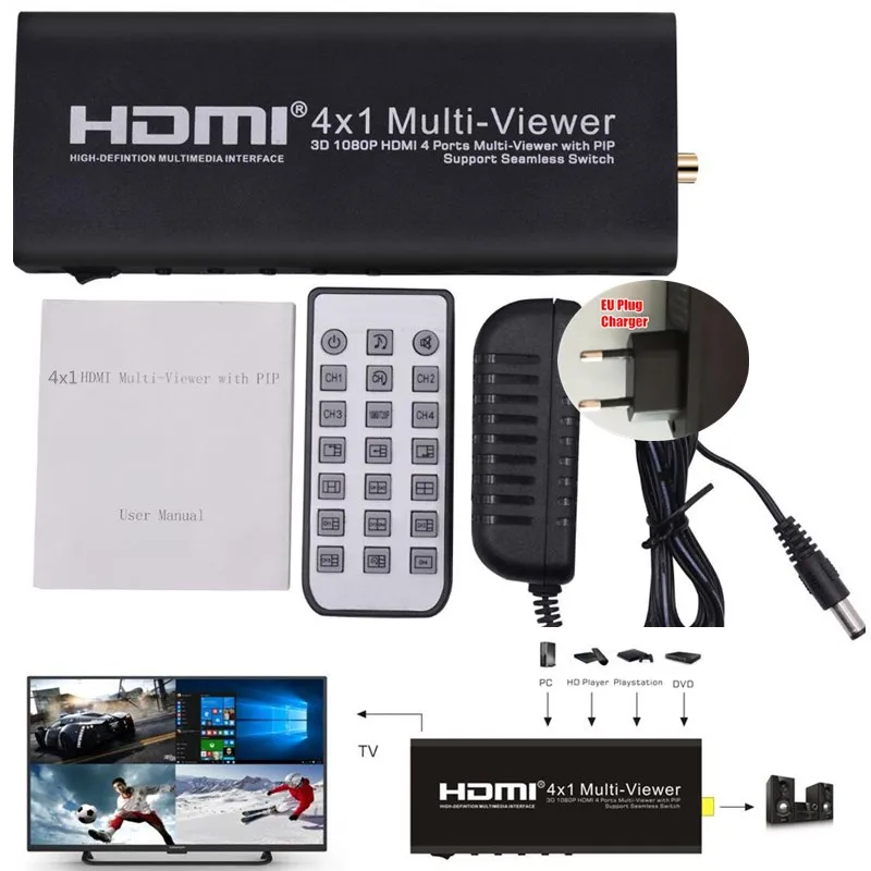 HD Video Splitter Extender, 3D 1080 P HDMI 4x1 Quad Multi-Viewer С PIP, 4 Экран сегментации и бесшовные конвертер, ИК-пульт, HDCP