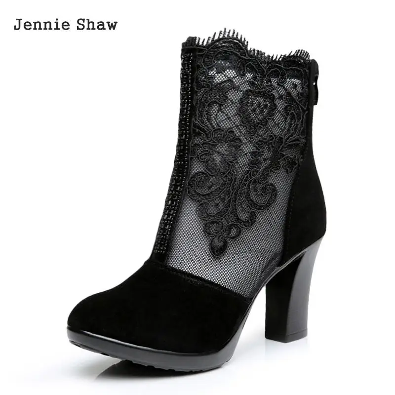 

Genuine Leather Female Spring And Autumn Boots Cutout Mesh Lace Boots High-heeled Shoes For Women