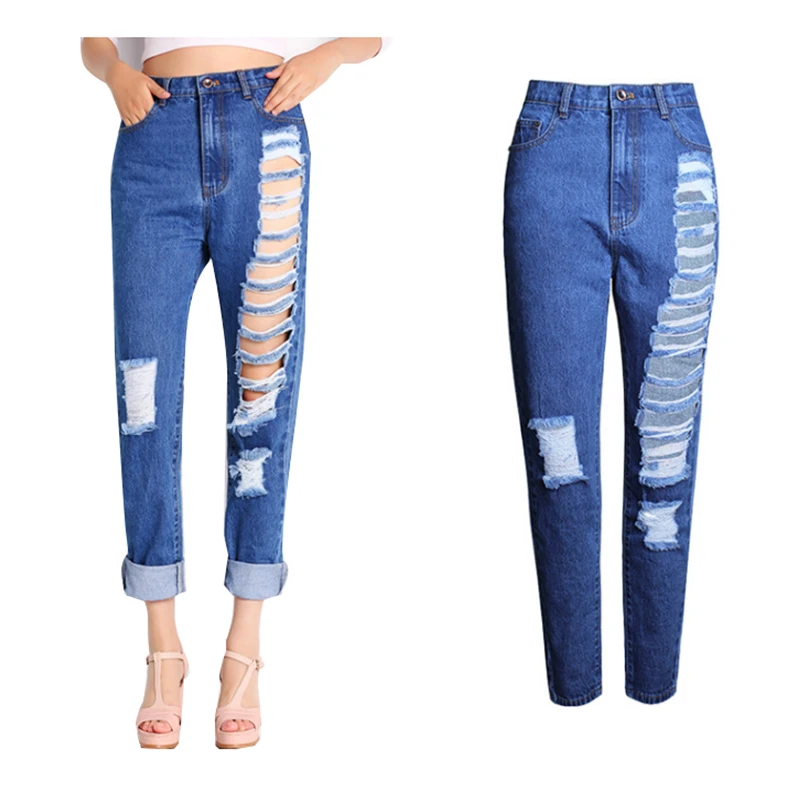 2016 Casual Holes Women Jeans With High Waist Blue Distressed Denim