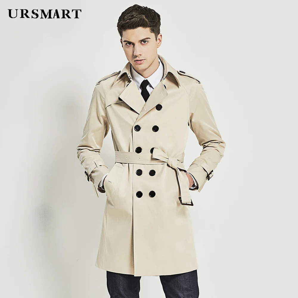 

URSMART Medium and long style men's windbreaker double-breasted rice white men's windbreaker waist trim trench trench coat men'