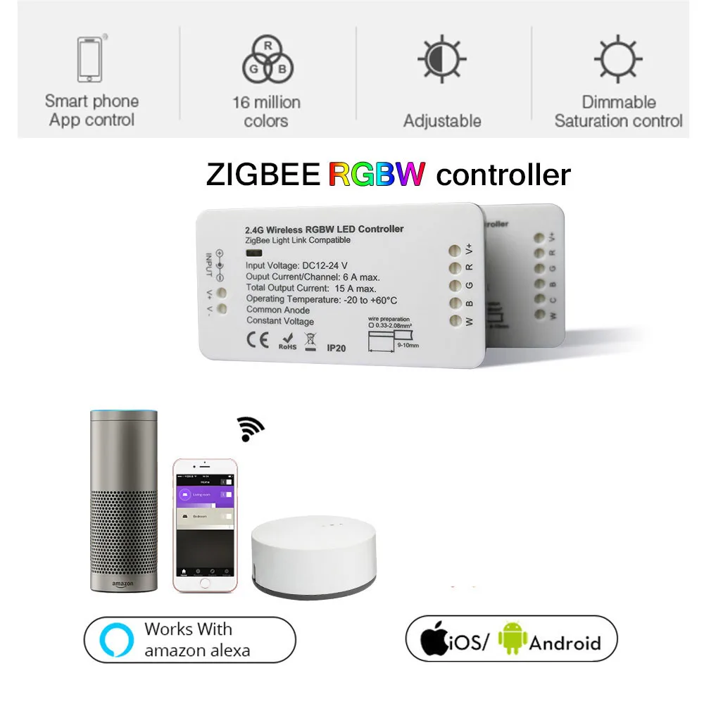 Контроллер Zigbee работает с основными мостами/шлюзами для светодиодной ленты RGBW/