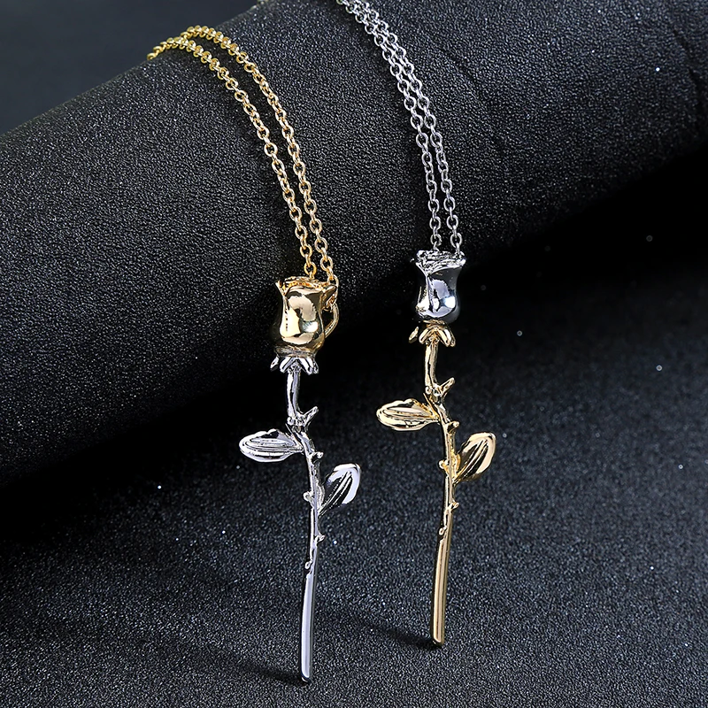 

KISS ME Long Necklace Gold Silver Color Alloy Chain Rose Flower Pendant Necklace 2019 Imitation Jewelry
