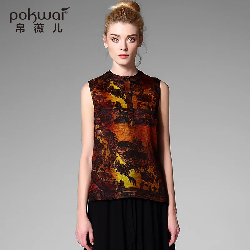 POKWAI Fashion long Silk Shirts Women Tops Brand Sleeveless Blouse O-Neck Undies Button Overshirt Print Ladies Chiffon Top | Женская