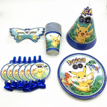 

54Pcs Pokemon Go Theme Pikachu Design Boy Girl Birthday Party Cup Plate Caps Mask Blowout Family Party Blowing Dragon Supplies