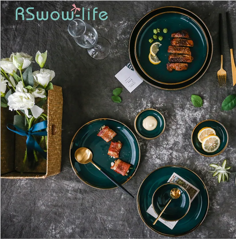 

Light Luxury Style Court Gold Side Emerald Tableware Ceramic Dish Soup Spoon Sauce Dish Cutlery Snack Dishes For Dinnerware
