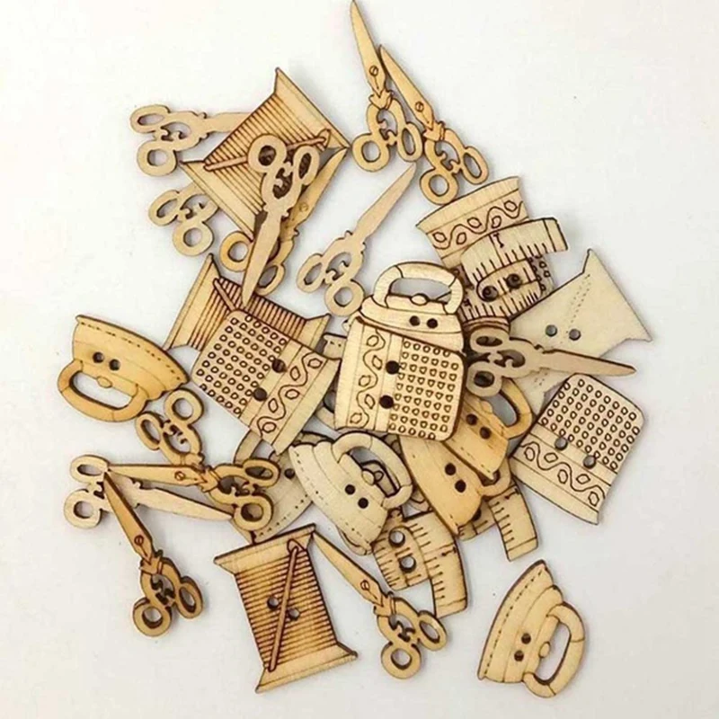 

100Pcs Sewing Machine Scissors Shaped Wooden Buttons Sewing Button For Children Clothes Decorative Button Scrapbookin