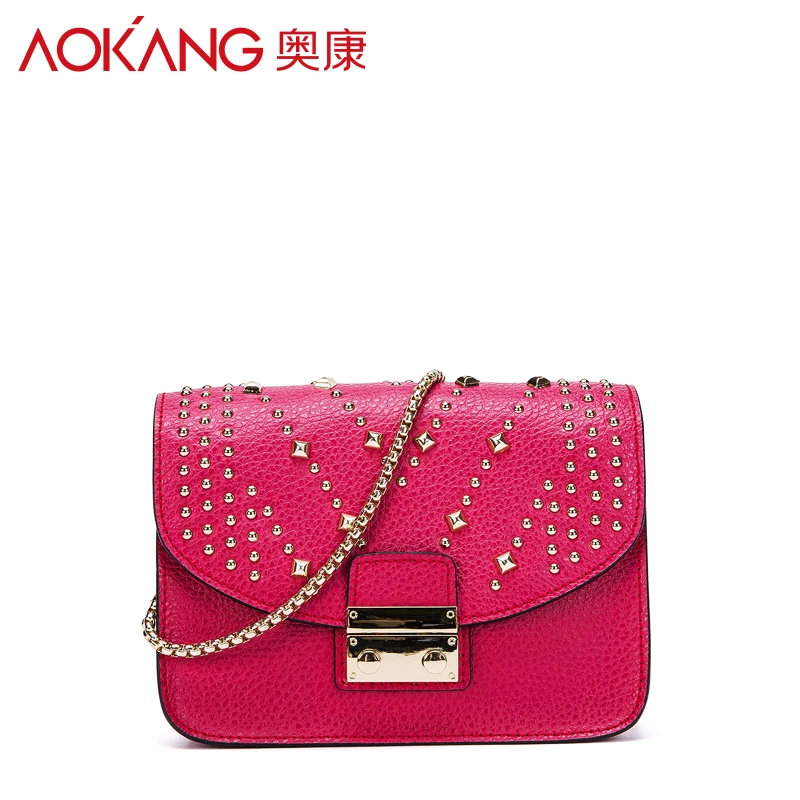 

Aokang Women Evening Bags split leather shoulder bags female black red grey fashion with chains bags Free Shipping
