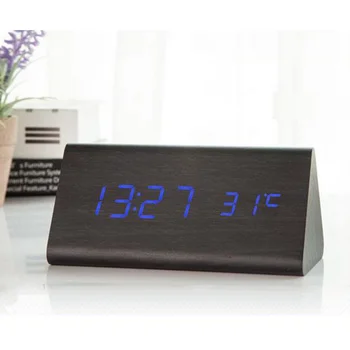 

Digital Alarm Clock Black Desktop Wood LED Clocks Glow in The Dark Sound Control Electronic Display Thermometer Home Decor Gift