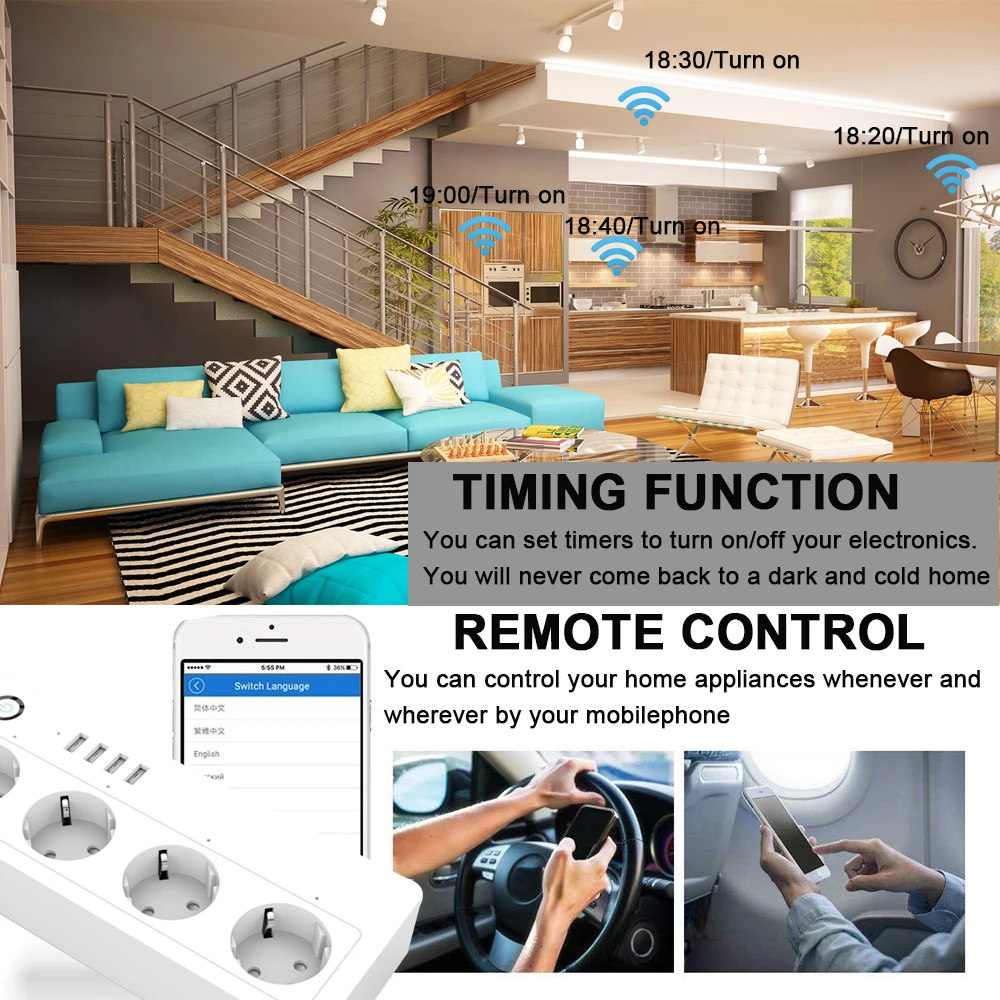 ЕС умная розетка Wi-Fi разъем Таймер Пульт дистанционного управления Управление 4 розетки Стабилизатор напряжения Смарт Мощность лента работает с Alexa, Google Home, IFTTT