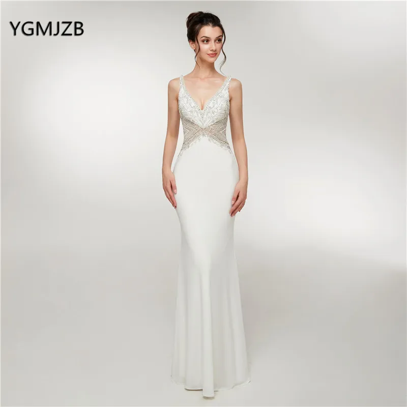 Elegant White Evening Dress Long 2018 Mermaid V Neck Beaded Crystal Backless Women Formal Party Dresses Vestido De Festa