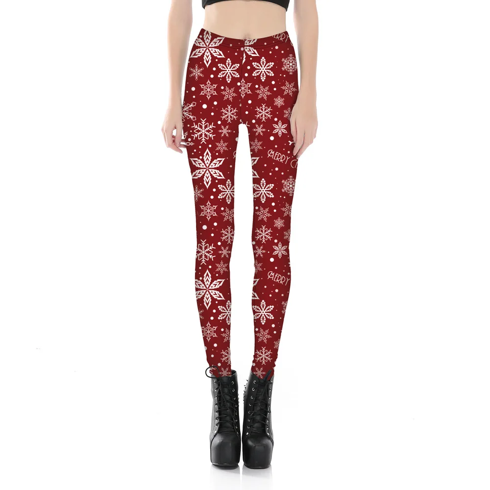 2018 Christmas Snowflake Print Red Fitness Leggings Women High Waist