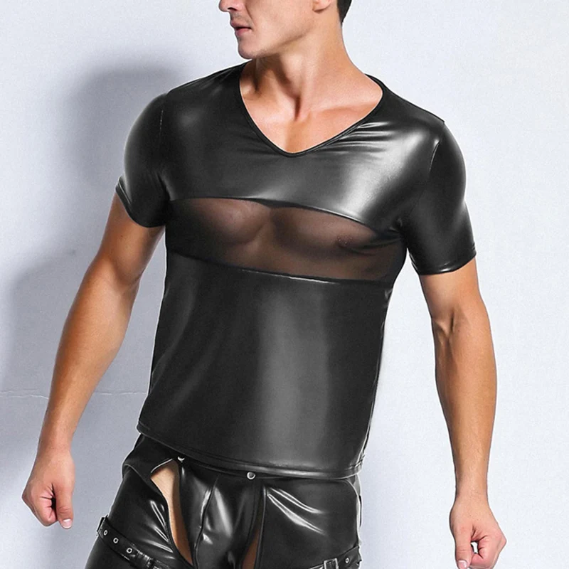 

Wetlook Mens T Shirt Patent Leather Tshirts Sexy Men Fashion Tees Tight Shirts Mesh Patchwork Funny Undershirts Gay Fitness Tops