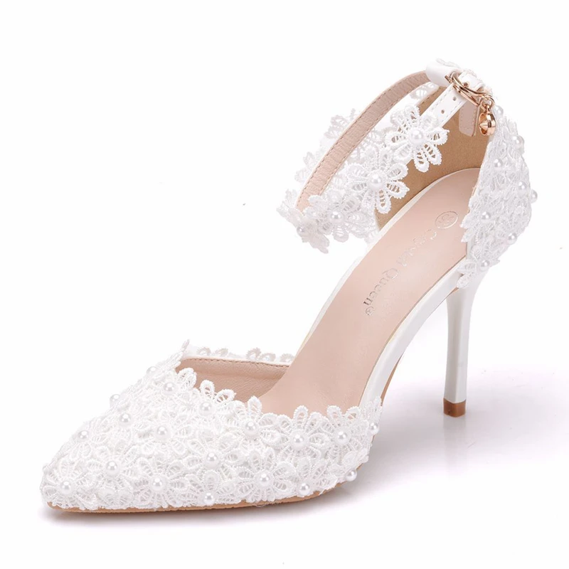 

Women Shoes High Heel Sandals Thin Heels Pointed Toe Shoes White Lace Beading Wedding Bridals Shoes Party Heels XY-B0261
