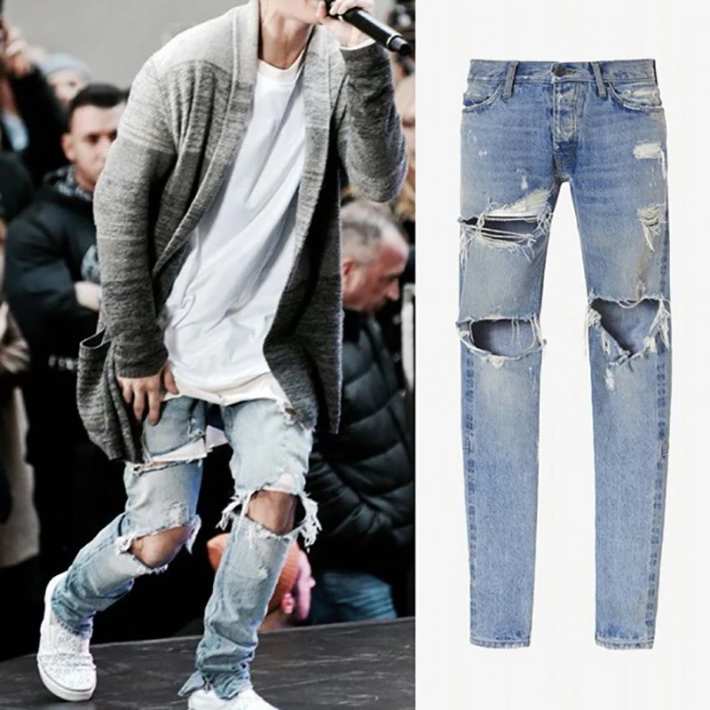 

2018 Top Version Jeans Men High Street Destroyed Slim Fit Ripped Jeans Mens Hip Hop Ankle Zipper Biker Denim Pants Hombre Jean