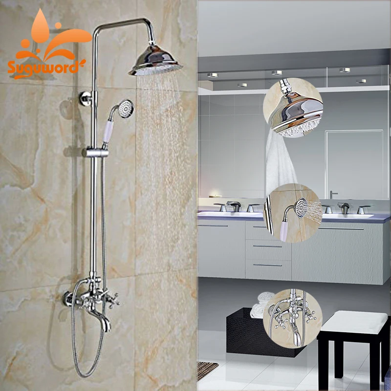 

Suguword Chrome Polish Shower Combo Set Dual Handles Hot and Cold Switch Shower System Mixer Taps 3 Waterways