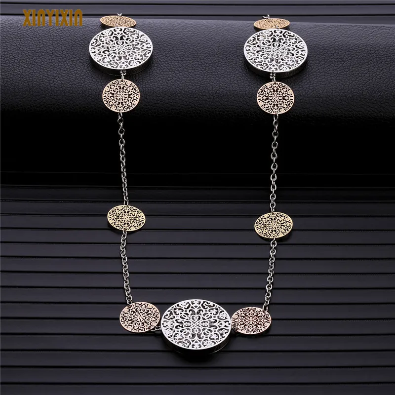 

Mix Color Crystal Hollow Long Necklace for Women Men Punk Style Big Round Sweater Chain Fashion Pattern Silver Accessory Gift