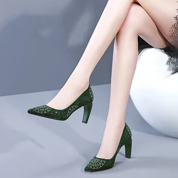 

MLJUESE 2019 women pumps autumn spring Kid Suede string bead pointed toe slip on high heels lady shoes party dress wedding