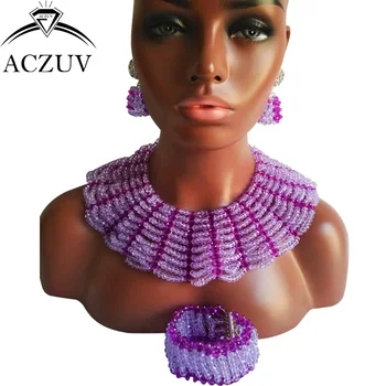 

ACZUV Brand Lilac African Jewelry Set for Women Nigerian Wedding Beads Necklace and Earrings AS020