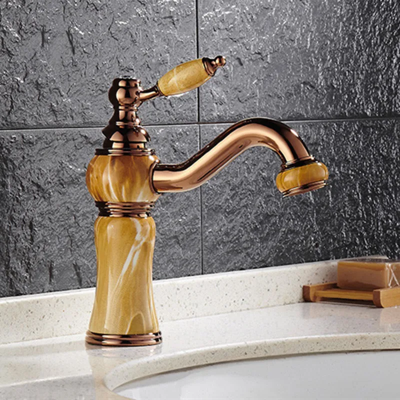 Free shipping Senducs Jade stone rose gold water mixer tap and stone handle golden faucet,solid brass bathroom mixer tap